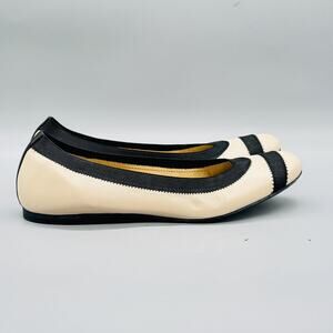 Stuart Weitzman Shoes Womens 8 Beige Black Leather Ballet Flats Cap Toe Slip On